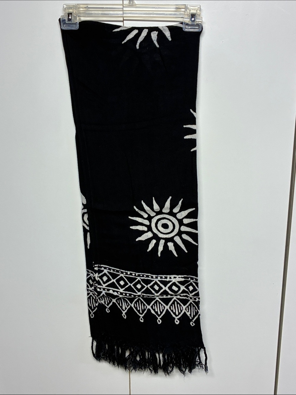 Black White Sun Print Sarong Fringe Beach Cover-Up Boho Wrap